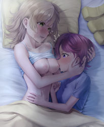 Rule 34 | 2girls, ^^^, absurdres, bare arms, bare shoulders, bed, blanket, blue pajamas, blush, breast sucking, breasts, camisole, cleavage, clenched hand, clothes lift, collarbone, commentary request, commission, daiba nana, fingernails, green eyes, hair down, hand on another&#039;s stomach, hands on another&#039;s head, hands up, heart, heart in eye, heavy breathing, highres, indoors, isurugi futaba, light brown hair, looking at another, lying, medium breasts, medium hair, multiple girls, navel, nipples, on bed, on side, open mouth, pajamas, pillow, pink hair, pixiv commission, profile, purple eyes, raised eyebrows, saliva, shadow, shirt lift, short hair, short sleeves, shoujo kageki revue starlight, shroomia, smile, stomach, sweat, swept bangs, symbol in eye, teeth, under covers, upper teeth only, white camisole, yuri