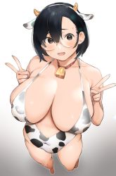 Rule 34 | 1girl, ;d, animal ears, animal print, bell, black eyes, black hair, blush, breasts, covered navel, cow ears, cow horns, cow print, cowbell, double v, glasses, highres, horns, huge breasts, large breasts, looking at viewer, mole, mole on neck, navel, nekoshoko, one-piece swimsuit, one eye closed, open mouth, original, short hair, skin tight, smile, solo, swimsuit, v