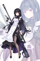 Rule 34 | 1girl, absurdres, apron, black choker, black dress, black footwear, black hair, blush, breasts, choker, closed mouth, commission, dress, dual wielding, expressionless, finger on trigger, frilled apron, frills, gun, handgun, high heels, highres, holding, holding gun, holding weapon, holster, holstered, jewelry, juliet sleeves, knife sheath, large breasts, long hair, long sleeves, looking at viewer, maid, maid apron, minj kim, mole, mole under eye, original, puffy sleeves, pumps, purple dress, red eyes, rifle, ring, scope, sheath, side slit, sniper rifle, split mouth, thigh holster, thigh sheath, thighhighs, two-sided dress, two-sided fabric, two-tone dress, very long hair, weapon, weapon on back, white apron, zoom layer