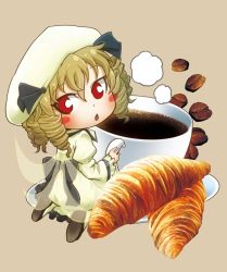 Rule 34 | 1girl, blonde hair, blush, bow, chamaji, coffee, coffee beans, coffee cup, crescent, croissant, cup, disposable cup, dress, drill hair, fairy wings, food, food focus, frills, hair between eyes, hat, highres, long sleeves, luna child, open mouth, red eyes, saucer, shoes, simple background, solo, touhou, wide sleeves, wings
