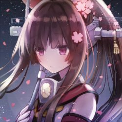 Rule 34 | 10s, 1girl, bad id, bad pixiv id, bare shoulders, brown eyes, brown hair, cherry blossoms, collar, detached sleeves, flower, hair flower, hair ornament, headgear, kantai collection, long hair, petals, pink flower, ponytail, solo, usamito, very long hair, yamato (kancolle)