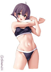 Rule 34 | 1girl, ahoge, alternate costume, bare shoulders, black sports bra, blush, breasts, brown eyes, cowboy shot, ebifurya, hair between eyes, highres, kantai collection, looking at viewer, medium breasts, midriff, navel, one-hour drawing challenge, open mouth, purple hair, sakawa (kancolle), short hair, simple background, smile, solo, sports bra, stomach, stretching, thighs, twitter username, white background, yellow eyes