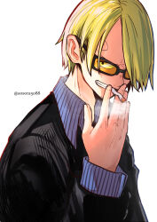 Rule 34 | 1boy, aosora2823, artist name, black eyes, blonde hair, cigarette, commentary, curly eyebrows, english commentary, facial hair, formal, hair over one eye, highres, holding, holding cigarette, male focus, one eye covered, one piece, sanji (one piece), short hair, simple background, smile, smoke, smoking, solo, suit, sunglasses, teeth, white background