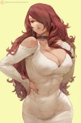 Rule 34 | 1girl, bare shoulders, black choker, breasts, brown eyes, brown hair, choker, cleavage, collarbone, cutesexyrobutts, dress, earrings, hair over one eye, hand on own hip, highres, hoop earrings, jewelry, kirijou mitsuru, large breasts, long hair, long sleeves, looking to the side, parted lips, patreon logo, patreon username, persona, persona 3, red hair, shirt, single earring, solo, white dress, white shirt, yellow background