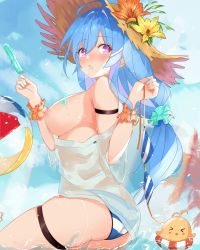 Rule 34 | 1girl, :o, absurdres, ahoge, arm strap, ass, azur lane, ball, bare shoulders, beachball, bikini, bikini top only, bird, blue hair, breasts, chick, commentary, flower, food, food on body, food on breasts, food on face, from side, hair ornament, hair scrunchie, hands up, hat, hat flower, helena (azur lane), highres, holding, holding bikini, holding bikini top, holding clothes, holding swimsuit, ice cream, ice cream on face, large breasts, long hair, looking at viewer, looking back, low-tied long hair, manjuu (azur lane), medium breasts, monokini, nipples, off shoulder, open mouth, popsicle, purple eyes, scrunchie, see-through, skindentation, solo, straw hat, string bikini, striped bikini, striped clothes, swimsuit, thigh strap, thighs, trail, unworn bikini top, vayneeeee, water, wrist scrunchie