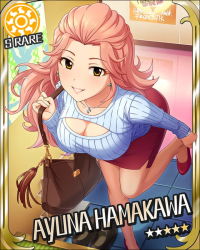 Rule 34 | 10s, 1girl, artist request, bag, breasts, brown eyes, card (medium), character name, cleavage, cleavage cutout, clothing cutout, earrings, hamakawa ayuna, idolmaster, idolmaster cinderella girls, jewelry, jpeg artifacts, leaning forward, long hair, looking at viewer, meme attire, necklace, official art, open-chest sweater, pantyhose, parted lips, pink hair, red skirt, ribbed sweater, see-through, see-through legwear, skirt, smile, solo, sun symbol, sweater, wavy hair, white sweater