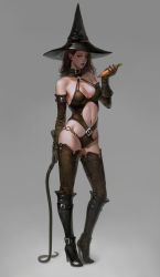 Rule 34 | 1girl, bare shoulders, belt collar, black hair, boots, carrot, collar, elbow gloves, full body, gloves, grey background, hat, high heel boots, high heels, highres, holding, holding weapon, j. won han, long hair, navel, original, shoes, simple background, solo, source request, standing, thighhighs, weapon, whip, witch hat