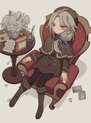 Rule 34 | 1boy, aged down, armchair, bad id, bad pixiv id, beret, blue ribbon, boots, bottle, bouquet, brown capelet, brown coat, brown footwear, brown hat, brown pants, capelet, chair, closed mouth, coat, cup, drinking glass, ensemble stars!, envelope, flower, full body, grey hair, hair ribbon, hat, highres, knee boots, long hair, long sleeves, looking at viewer, male focus, meremero, pants, paper, petals, ran nagisa, red eyes, ribbon, rose, sitting, table, vase, white flower, white rose