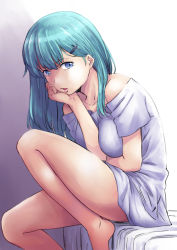 Rule 34 | 1girl, alternate costume, bare legs, barefoot, blue eyes, collarbone, commentary request, green hair, hair ornament, hairclip, ishii hisao, kantai collection, long hair, naked shirt, open mouth, shirt, short sleeves, sitting, solo, suzuya (kancolle), white shirt