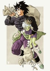 Rule 34 | 1boy, 1girl, akanbe, bag, bead necklace, beads, black eyes, black hair, boots, breasts, broly (dragon ball super), carrying, carrying under arm, cheelai, colored skin, commentary request, covered abs, crown, dragon ball, dragon ball super, dragon ball super broly, eyelid pull, facial scar, frown, gold, green skin, highres, holding, holding bag, jewelry, kakeru (dbskakeru), medium breasts, monkey, muscular, muscular male, necklace, pants, robbery, scar, scar on cheek, scar on face, shirt, short hair, signature, size difference, smile, sweatdrop, tight clothes, tight pants, tight shirt, tongue, tongue out, torn bag, white footwear, white hair