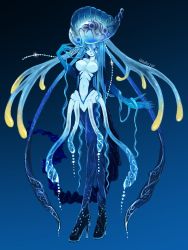 Rule 34 | 1girl, black sclera, blue background, blue eyes, blue hair, blue skin, breasts, collarbone, colored sclera, colored skin, commentary request, crossed legs, eyes visible through hair, full body, gradient background, high heels, highres, jellyfish, jellyfish girl, large breasts, long fingers, long hair, monster girl, navel, original, portuguese man o&#039; war, signature, solo, tentacle hair, user rcpg5483, very long hair, watson cross