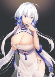 Rule 34 | 1girl, ahoge, azur lane, blue eyes, breasts, bursting breasts, china dress, chinese clothes, cleavage, cleavage cutout, clothing cutout, commentary request, dress, finger to own chin, flower, garter straps, hair between eyes, hair flower, hair ornament, hand on own chest, highres, illustrious (azur lane), illustrious (maiden lily&#039;s radiance) (azur lane), large breasts, long hair, looking at viewer, low twintails, mole, mole under eye, mole under mouth, open mouth, panties, side slit, solo, twintails, underwear, very long hair, white dress, white panties, yamikyon