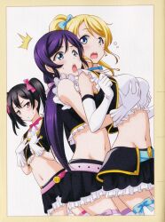 Rule 34 | 3girls, aqua eyes, ayase eli, black hair, black skirt, blonde hair, blue eyes, breast envy, breasts, crop top, earrings, grabbing, grabbing another&#039;s breast, groin, groping, highres, jewelry, large breasts, love live!, love live! school idol project, low twintails, marugoshi teppei, midriff, multiple girls, navel, neck ribbon, no brand girls, non-web source, official art, purple hair, red eyes, revealing clothes, ribbon, skirt, small breasts, strapless, surprised, thighhighs, thighs, tojo nozomi, tube top, twintails, yazawa nico