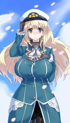 Rule 34 | 10s, 1girl, atago (kancolle), black gloves, blonde hair, blush, breasts, female focus, gloves, gradient background, green eyes, hat, highres, huge breasts, jewelry, kantai collection, long hair, looking at viewer, military, military uniform, mizuumi (bb), pantyhose, peaked cap, ring, smile, solo, uniform