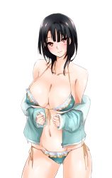 Rule 34 | 10s, 1girl, adapted costume, bare shoulders, bikini, black hair, blush, breasts, cleavage, clothes pull, cowboy shot, female focus, front-tie top, highres, hood, hoodie, huge breasts, kantai collection, light smile, looking at viewer, mogi yasunobu, navel, open clothes, open hoodie, pink eyes, shirt pull, short hair, side-tie bikini bottom, simple background, smile, solo, swimsuit, takao (kancolle), white background