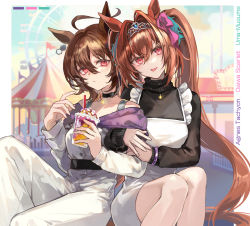 Rule 34 | 2girls, agnes tachyon (umamusume), ahoge, alternate costume, amusement park, animal ears, arm hug, black choker, black sweater, bow, brown hair, carousel, character name, choker, commentary request, copyright name, cup, daiwa scarlet (umamusume), disposable cup, dress, earrings, ferris wheel, hair between eyes, hair bow, horse ears, horse girl, horse tail, jewelry, long hair, looking at viewer, multiple girls, necklace, pants, poppoman, red bow, red eyes, shirt, short hair, single earring, sitting, smile, sweater, sweater under dress, tail, tiara, tongue, tongue out, turtleneck, twintails, umamusume, very long hair, white dress, white pants, white shirt