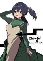 Rule 34 | 1girl, arrow (symbol), black eyes, blue hair, brown dress, commentary request, cowboy shot, dress, fujisaki (si da), green kimono, green sweater, hair ribbon, highres, japanese clothes, kantai collection, kimono, looking at viewer, official alternate costume, ribbon, solo, souryuu (kancolle), sweater, twintails, undressing