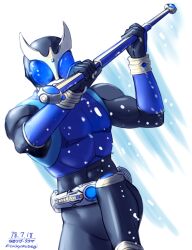 Rule 34 | 1boy, arcle (kuuga), armor, black bodysuit, blue armor, blue eyes, blue vest, bodysuit, commentary request, compound eyes, dated, forehead jewel, gold horns, highres, holding, holding stick, holding weapon, kamen rider, kamen rider kuuga, kamen rider kuuga (series), kuuga (dragon), leg up, light particles, male focus, partial commentary, simple background, solo, stick, taikyokuturugi, upper body, vest, weapon, white background