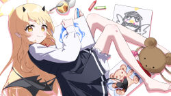 Rule 34 | 1girl, barefoot, black dress, black horns, black tail, black wings, blonde hair, bloomers, blue archive, blush, closed mouth, crayon, demon horns, demon tail, demon wings, dress, food, halo, horns, ibuki (blue archive), long hair, long sleeves, namaonpa, pointy ears, pudding, shirt, sketchbook, smile, solo, spoon, tail, underwear, white bloomers, white shirt, wings, yellow eyes, yellow halo