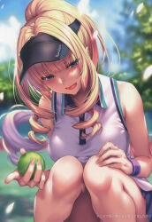 Rule 34 | 1girl, absurdres, ball, bare shoulders, blonde hair, blue eyes, blue sky, blurry, blurry background, blush, breasts, buttons, cloud, cloudy sky, copyright name, day, fingernails, hanikami kanojo, highres, holding, long hair, looking at viewer, medium breasts, open mouth, outdoors, petals, piromizu, scan, shoudou erena, simple background, sky, sleeveless, solo, sportswear, squatting, tennis ball, tennis uniform, thighs, visor cap, wristband