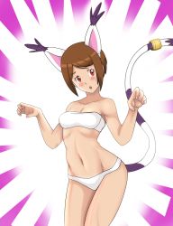 Rule 34 | 1girl, absurdres, aged up, animal ears, blush, bob cut, brown hair, cat ears, cat tail, cosplay, digimon, embarrassed, gao, highres, one-piece swimsuit, solo, swimsuit, tail, tailmon (cosplay), white one-piece swimsuit, yagami hikari