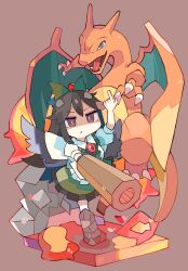 Rule 34 | 1girl, absurdres, arm cannon, baron (x5qgeh), bird wings, black hair, black wings, bow, brown background, brown eyes, charizard, closed mouth, collared shirt, creatures (company), crossover, frilled skirt, frills, game freak, gen 1 pokemon, green bow, green skirt, hair between eyes, hair bow, highres, long hair, nintendo, pokemon, pokemon (creature), reiuji utsuho, shaded face, shirt, short sleeves, simple background, skirt, solo, third eye, touhou, weapon, white shirt, wings