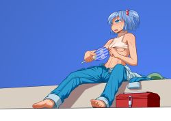 Rule 34 | 1girl, asymmetrical hair, barefoot, blue background, blue eyes, blue hair, breasts, crop top, hand fan, fanning, feet, female focus, hair bobbles, hair ornament, hat, unworn hat, unworn headwear, hot, iromeki overdrive, jumpsuit, kawashiro nitori, matching hair/eyes, midriff, navel, no headwear, no headwear, no shoes, no socks, side ponytail, sleeveless, small breasts, soles, solo, sweat, toenails, toes, tongue, touhou, turtleneck, twintails, two side up, underboob