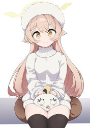 Rule 34 | 1girl, absurdres, alternate costume, black footwear, black thighhighs, blue archive, blush, closed mouth, feet out of frame, hair between eyes, halo, hat, hifumi (blue archive), highres, kittenlochen, light brown hair, long hair, long sleeves, looking at viewer, peroro (blue archive), sitting, smile, solo, straight-on, stuffed toy, sweater, thighhighs, white sweater, yellow eyes, yellow halo