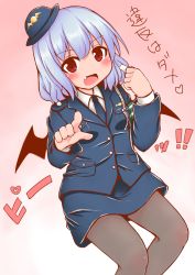 Rule 34 | 1girl, alternate costume, bad id, bad pixiv id, bat wings, black pantyhose, blue hair, brown pantyhose, cuffs, fang, formal, gloves, handcuffs, hat, jacket, miniskirt, necktie, nyt (nagane), open mouth, pantyhose, pencil skirt, police, police hat, police uniform, policewoman, red eyes, remilia scarlet, short hair, skirt, skirt suit, smile, solo, suit, touhou, uniform, whistle, wings