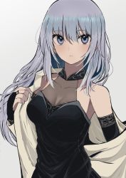 Rule 34 | 1girl, bare shoulders, black dress, black gloves, breasts, bridal gauntlets, character request, cleavage, commentary request, copyright request, covered collarbone, dress, elbow gloves, gloves, grey background, grey eyes, grey hair, hair between eyes, hinomaru (futagun), long hair, parted lips, see-through, see-through cleavage, simple background, solo, upper body