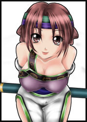 Rule 34 | 1041 (toshikazu), 1girl, alternate costume, bare shoulders, breasts, brown eyes, brown hair, headband, large breasts, leaning forward, looking at viewer, polearm, seong mi-na, smile, solo, soul calibur, soulcalibur iii, standing, weapon