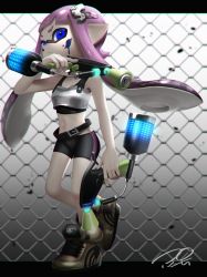 Rule 34 | 1girl, armor, belt, belt buckle, bike shorts, black belt, black shorts, blue eyes, breastplate, buckle, chain-link fence, chromatic aberration, closed mouth, dual wielding, fence, frown, full body, hair ornament, hairclip, hero dualies (splatoon), highres, holding, inkling, inkling girl, inkling player character, leg up, long hair, navel, nintendo, paint, pointy ears, puchiman, purple hair, shoes, shorts, single vertical stripe, solo, splatoon (series), standing, standing on one leg, suction cups, tentacle hair, v-shaped eyebrows