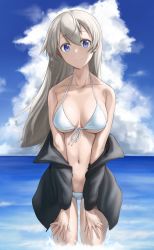 Rule 34 | 1girl, absurdres, bikini, black jacket, blue eyes, blue sky, breasts, cloud, commentary, commission, cowboy shot, day, eila ilmatar juutilainen, english commentary, fankupl, front-tie top, hands on own thighs, highres, horizon, jacket, long hair, looking at viewer, medium breasts, navel, ocean, outdoors, silver hair, sky, solo, standing, strike witches, swimsuit, white bikini, world witches series