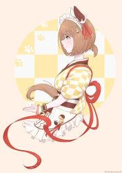 Rule 34 | 1girl, absurdres, animal ears, apron, brown eyes, brown hair, chahiro, ear covers, from side, hairband, highres, horse ears, horse girl, horse tail, low ponytail, maid, maid apron, maid headdress, official alternate costume, official alternate hairstyle, short ponytail, smile, solo, tail, twitter username, umamusume, wa maid, white hairband, yukino bijin (tea girl snow girl) (umamusume), yukino bijin (umamusume)
