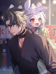 Rule 34 | 1boy, 1girl, :d, black choker, black hair, black kimono, blue eyes, blurry, blurry background, bow, carrying, choker, collarbone, commentary request, crossed bangs, earrings, eyelashes, festival, genshin impact, green kimono, grey hair, hair between eyes, highres, japanese clothes, jewelry, kimono, long hair, long sleeves, looking at viewer, market stall, multicolored hair, nage (sacosui ng), night, open mouth, outdoors, parted bangs, piggyback, purple hair, red bow, red eyes, scar, scar on neck, short hair, sigewinne (genshin impact), smile, streaked hair, string of light bulbs, stud earrings, tassel, upper body, wriothesley (genshin impact), yellow bow