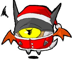Rule 34 | angry, artist request, chibi, christmas, deathmon, demon, demon wings, digimon, digimon (creature), flying, hat, horns, looking at viewer, lowres, no humans, santa costume, santa hat, simple background, solo, tail, wings, yellow eyes