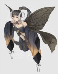 Rule 34 | 1girl, anotherxalice, black nails, black thighhighs, black wings, blunt bangs, breasts, cartolaio, cleavage, dark-skinned female, dark skin, full body, gradient sleeves, grey background, jewelry, kneeling, long hair, looking at viewer, midriff, nail polish, necklace, official art, pointy ears, ponytail, signature, simple background, small breasts, solo, thighhighs, very long hair, wide sleeves, wings, yellow eyes
