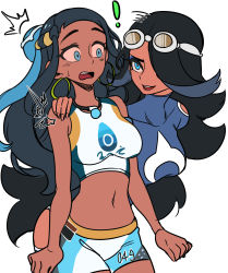 Rule 34 | !, 2girls, :d, ^^^, armlet, bare shoulders, bike shorts, bikini, black hair, blue eyes, blue eyeshadow, blue hair, blue shirt, blush, breasts, clothes writing, commentary, covered collarbone, cowboy shot, creatures (company), dark-skinned female, dark skin, earrings, eyeshadow, game freak, goggles, goggles on head, gym leader, hair between eyes, hair bun, hair over one eye, hand on another&#039;s shoulder, highres, hoop earrings, jewelry, large breasts, leaning forward, long hair, looking at another, makeup, masgamjya, medium breasts, midriff, motion lines, multicolored hair, multiple girls, navel, necklace, nessa (pokemon), nintendo, open mouth, pokemon, pokemon oras, pokemon swsh, shelly (pokemon), shirt, sidelocks, simple background, single hair bun, smile, standing, surprised, sweat, swimsuit, tankini, team aqua, team aqua uniform, teeth, trait connection, two-tone hair, upper teeth only, very long hair, white background