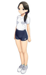 Rule 34 | 1girl, bike shorts, black hair, blue shorts, cameltoe, cleft of venus, closed mouth, commentary, full body, gym uniform, hair ornament, hair over shoulder, hair scrunchie, highres, light frown, looking at viewer, low ponytail, maburu (lojyq1eur3e8bit), medium hair, no socks, original, red scrunchie, scrunchie, shirt, shoes, short sleeves, shorts, simple background, sneakers, solo, standing, t-shirt, white footwear, white shirt
