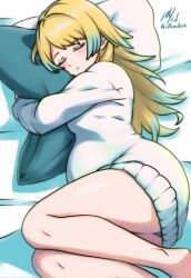 1girl bare_legs blonde_hair closed_eyes commentary dress english_commentary fire_emblem fire_emblem_heroes fjorm_(fire_emblem) gradient_hair highres hugging_object long_hair lying multicolored_hair nintendo official_alternate_hairstyle on_bed on_side panties panty_peek pantyshot pillow pillow_hug pregnant rotomdocs sleeping solo sweater sweater_dress underwear white_panties white_sweater