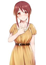 Rule 34 | 10s, 1girl, anti (0324), bead necklace, beads, belt, blush, breasts, brown dress, brown hair, closed mouth, cowboy shot, dress, hand on own chest, idolmaster, idolmaster cinderella girls, jewelry, light smile, looking at viewer, medium breasts, mifune miyu, necklace, ponytail, red eyes, short sleeves, sidelocks, simple background, smile, solo, white background