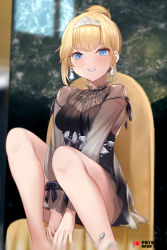Rule 34 | 1girl, bare legs, between legs, black dress, blonde hair, blue eyes, blush, breasts, dress, earrings, feet out of frame, grin, hand between legs, hololive, hololive english, jewelry, large breasts, looking at viewer, mujinbensin, on chair, see-through, see-through sleeves, short hair, sitting, smile, solo, tiara, v arms, virtual youtuber, watson amelia, watson amelia (party dress)