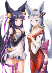 Rule 34 | 2girls, absurdres, animal ears, bare shoulders, bell, black hair, blue eyes, blush, breasts, cleavage, commentary request, detached sleeves, erune, fox ears, fox tail, gloves, granblue fantasy, hair bell, hair ornament, highres, jingle bell, large breasts, long hair, looking at viewer, medium breasts, multiple girls, parted lips, qoray7, red eyes, silver hair, smile, societte (granblue fantasy), tail, very long hair, yuel (granblue fantasy)