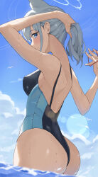 Rule 34 | 1girl, absurdres, animal ears, ass, backless swimsuit, blue archive, blush, breasts, competition swimsuit, grey hair, halo, higashiwun izumi, highres, looking at viewer, medium breasts, official alternate costume, one-piece swimsuit, ponytail, rubber band, shiroko (blue archive), shiroko (swimsuit) (blue archive), sideways glance, smile, solo, swimsuit, two-tone one-piece swimsuit, tying hair, wading, wolf ears
