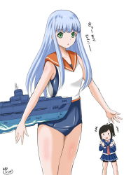Rule 34 | 2girls, :d, aoki hagane no arpeggio, bike shorts, blue hair, cosplay, costume switch, crossover, green eyes, i-401 (aoki hagane no arpeggio), i-401 (kancolle), i-401 (kancolle) (cosplay), iona (aoki hagane no arpeggio), iona (cosplay), kantai collection, long hair, multiple girls, name connection, open mouth, ponytail, sailor collar, school swimsuit, ship, shorts, shorts under skirt, smile, swimsuit, translation request, watercraft, yano toshinori