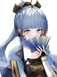 Rule 34 | 1girl, armor, ayaka (genshin impact), bad id, bad pixiv id, blue eyes, blue jacket, blunt bangs, bridal gauntlets, chinese knot, collared jacket, commentary, dou, folding fan, genshin impact, gold trim, grey hair, hair ornament, hand fan, hand up, high collar, highres, holding, holding fan, jacket, japanese armor, kote, long hair, looking at viewer, neck tassel, ponytail, smile, solo, suashi, upper body