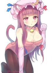 Rule 34 | 1girl, :&lt;, alternate costume, animal ears, artist name, bell, black pantyhose, bow, breasts, cat ears, cat tail, cleavage, collar, crescent, culter, gloves, hat, hat bow, kemonomimi mode, kittysuit, kneeling, leotard, long hair, looking at viewer, mob cap, nontraditional playboy bunny, pantyhose, patchouli knowledge, paw pose, pink eyes, purple hair, simple background, solo, tail, touhou, white background