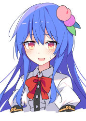 Rule 34 | 1girl, blue hair, blush, bow, bowtie, breasts, buttons, collared shirt, commentary request, e.o., eyes visible through hair, food, frills, fruit, hair between eyes, hair ornament, hinanawi tenshi, leaf, leaf hair ornament, long hair, looking at viewer, medium breasts, no headwear, open mouth, peach, puffy short sleeves, puffy sleeves, red bow, red bowtie, shirt, short sleeves, simple background, smile, solo, sweat, sweatdrop, tongue, touhou, upper body, white background, white shirt, yellow eyes