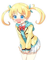 Rule 34 | 10s, 1girl, aqua ribbon, aqua sweater, blazer, blonde hair, blue eyes, blush, bow, bowtie, cowboy shot, embarrassed, female focus, flat chest, hair ribbon, have to pee, hood, hoodie, jacket, jpeg artifacts, kiratto pri chan, leaning forward, legs together, long sleeves, looking at viewer, miniskirt, moegi emo, nose blush, open mouth, own hands together, peeing, peeing self, pleated skirt, pretty series, ratryu, red bow, red bowtie, ribbon, school uniform, shirt, simple background, skirt, solo, standing, sweater, tears, twintails, v arms, wet, wet clothes, white background, white shirt, white skirt, yellow jacket