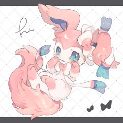 Rule 34 | animal focus, blue eyes, bow, chibi, commentary request, creatures (company), crying, game freak, gen 6 pokemon, hideko (l33l3b), highres, looking at viewer, nintendo, no humans, open mouth, pink fur, pokemon, pokemon (creature), ribbon, signature, sylveon, tearing up